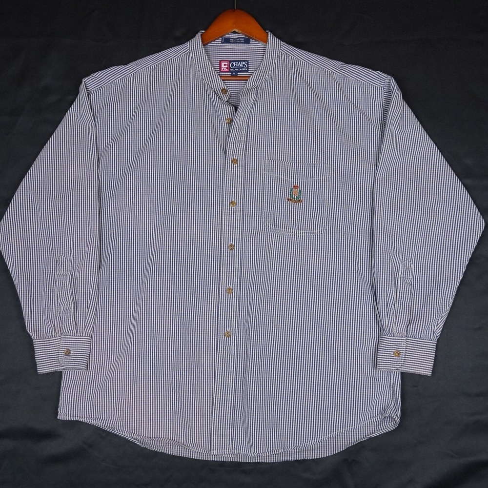 Vintage Chaps Ralph Lauren Shirt Mens XL Blue Gingham Banded Collar Cotton